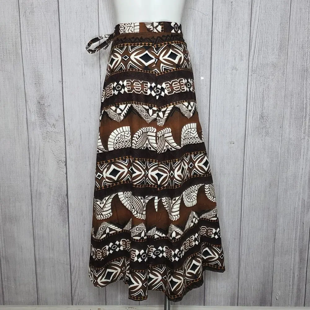 VTG Tapa Designs Hawaii Authentic Polynesian Tapa Print Wrap Skirt, sz Small